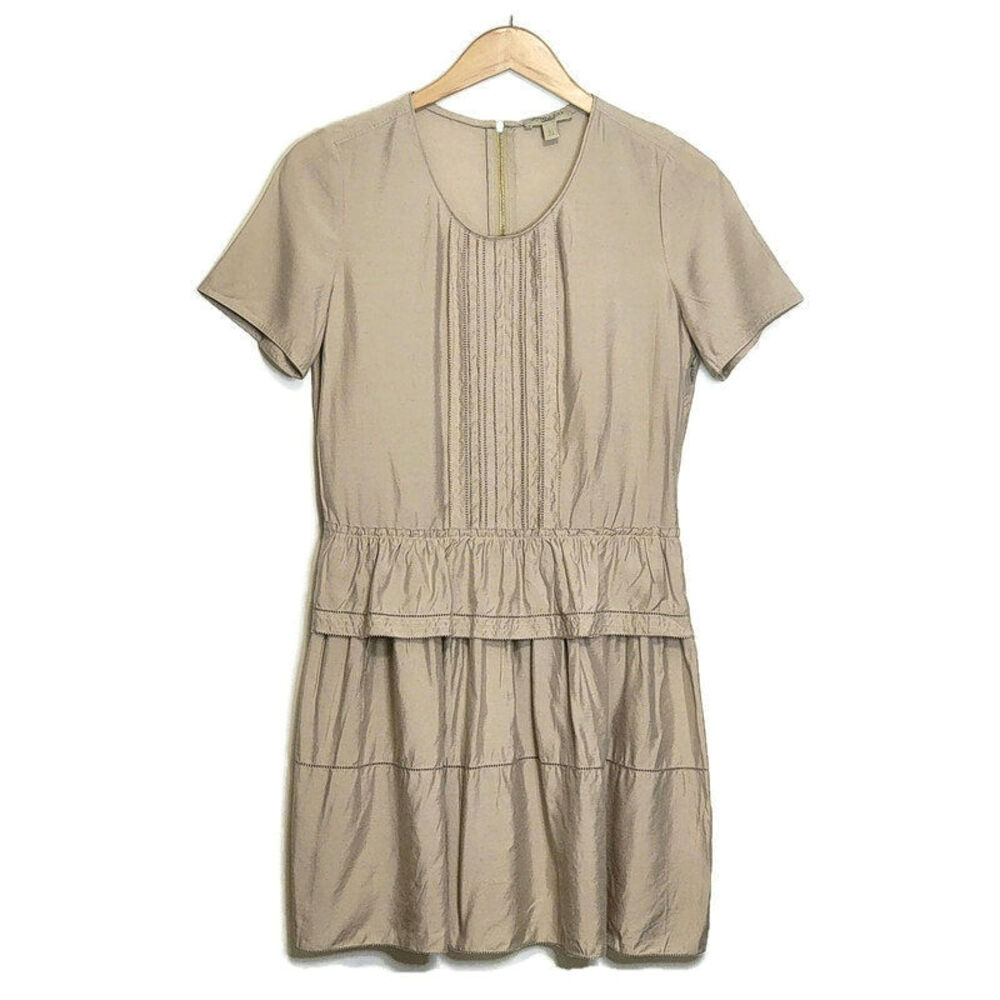 BURBERRY BRIT Tan Mini Dress Scoop Neck Short Sleeve Ruffle Tiered Size 4 Chic